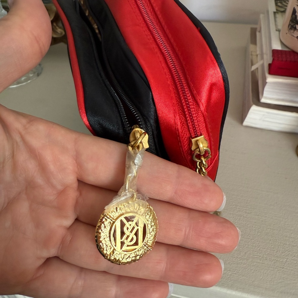 YSL Beautu vintage makeup bag- Black and Red Zip Pouch with Gold Medallion Charm - Picture 3 of 9
